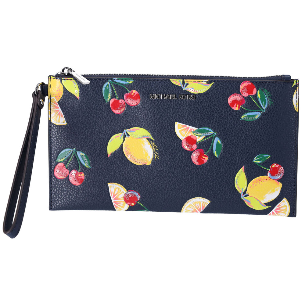 Michael Kors Jet Set Travel Large Top Zip Wristlet Clutch Navy Fruit Handbag - Picture 2 of 4
